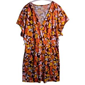 Nine‎ West Abstract Floral Tropical Midi Dress XXL V Neck Flutter Sleeve  #538